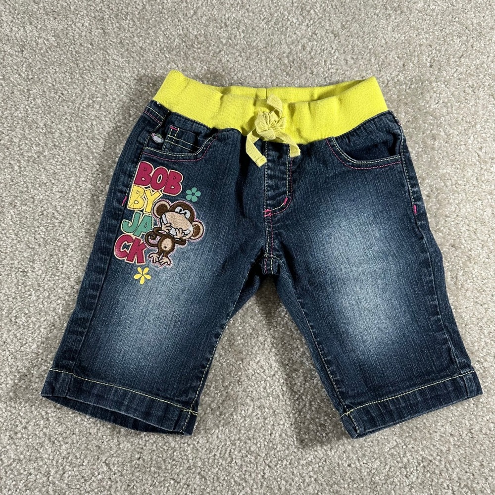 Bobby Jack Girls Monkey Graphic Denim Shorts Dark Wash Yellow Waist 6X 2000s Y2k